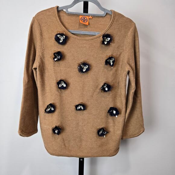 Tory Burch Wool Cashmere Tan Sweater Novelty 3-D Flowers Navy Art To Wear Medium - Picture 1 of 7